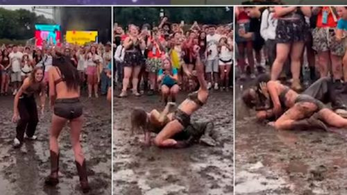 Pelea en el lodo termina en beso y se vuelve viral en Lollapalooza 2026
