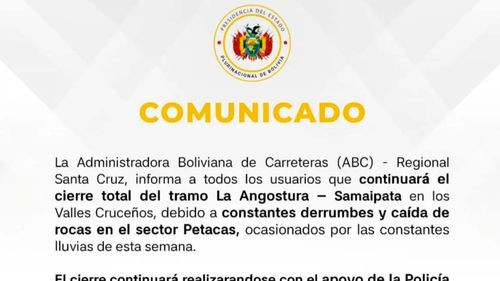 Cierran tramo La Angostura–Samaipata por derrumbes y caída de rocas