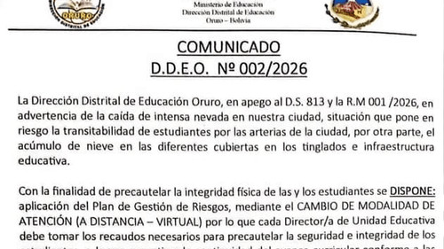Intensa nevada cambia a modalidad virtual las clases en Oruro