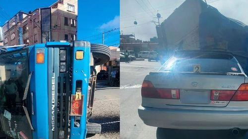 Camión vuelca en El Alto al esquivar un bache y aplasta a otro vehículo