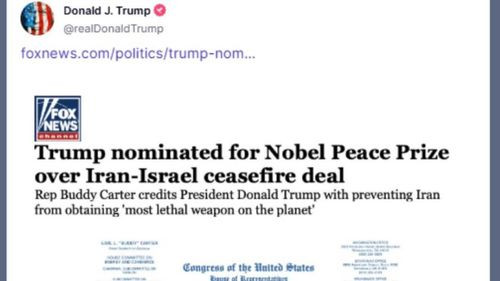 Trump es nominado al Nobel de la Paz por su papel en el acuerdo entre Israel e Irán