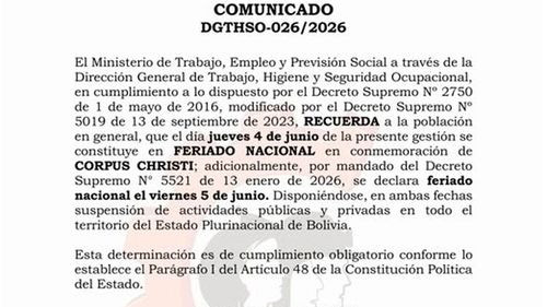 Ministerio de Trabajo ratifica feriados nacionales para este jueves y viernes por Corpus Christi