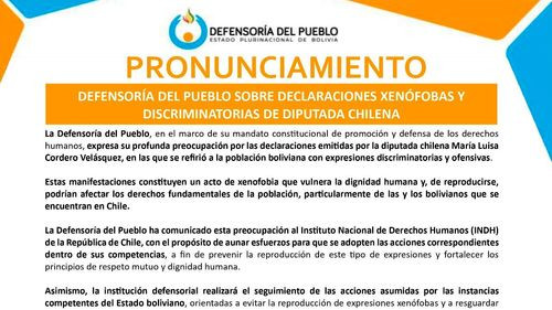 Defensoría del Pueblo rechaza expresiones xenófobas de diputada chilena y pide acciones para resguardar derechos