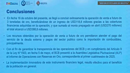 BCB confirma la venta de 3 toneladas de oro valuadas en 388,8 millones de dólares