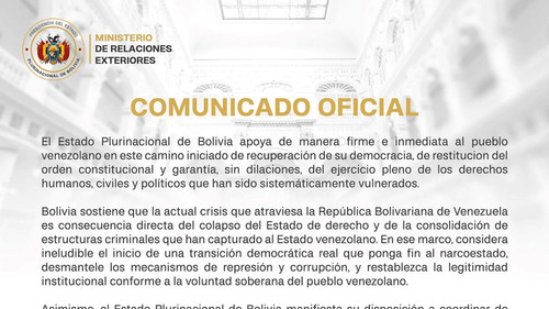 Bolivia expresa respaldo al pueblo venezolano y pide una transición democrática, según Cancillería